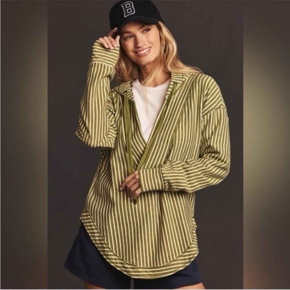 Anthropology Pilcro Wharfside Hooded Sweatshirt Green white stripes Sz S v-neck